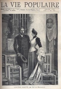 In een kerk staat een mooi en elegant paar op tussen kaarsen en bidt tot God. Illustratie door Alfons Maria Mucha (Alphonse Marie Mucha)