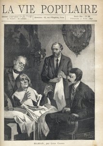 In een woonkamer, een oude vrouw die zit met haar hoofd vastgehouden door een dokter, houdt haar handen open voor zich, wachtend op een tweede dokter, die aan haar zijde staat en een instrument schoonmaakt met een witte doek, om haar te opereren aan de cat