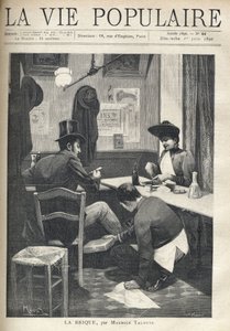 In een restaurant, een man en een vrouw zijn gescheiden en dineren. De bediende hurkt bij de man en plaatst een hete steen onder zijn voeten. Illustratie door Alfons Maria Mucha door Alphonse Mucha