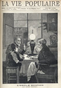 Scène uit het familieleven: rond de eettafel is een familie verzameld, verlicht door een olielamp en luistert aandachtig naar een bezoekende oom, met heldere ogen en hand die de hoogtepunten van zijn verhaal markeert. Illustratie door Alfons Maria Mucha (A door Alphonse Mucha