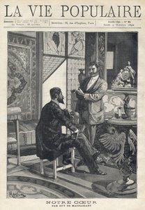 Twee mannen, een zittend en de ander staand, tegenover elkaar en in gesprek, roken sigaretten in een rijkelijk versierde woonkamer (glas-in-loodramen, meubels, kunstvoorwerpen). Illustratie door Alfons Maria Mucha