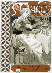 Jonge vrouw kookt op een gasfornuis - reclame Maggi "goed eten in een mum van tijd", door Mucha, circa 1890 door Alphonse Mucha