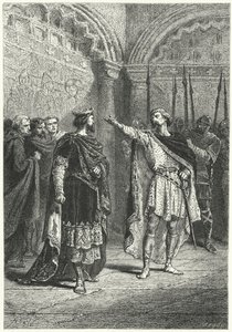 Hugh Capet, koning van de Franken, en de opstandige graaf Adalbert van Perigord, 987 (gravure)