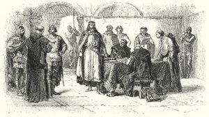 Afkondiging van het katholicisme als de religie van het Gotische Koninkrijk in Spanje op het Derde Concilie van Toledo, 589 (gravure)