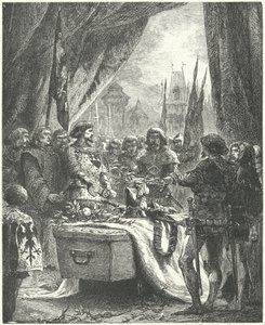 De commandant van Chateauneuf de Randon legt de sleutels van de stad op de kist van Bertrand du Guesclin door Alphonse Marie de (after) Neuville