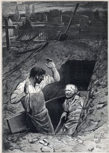 Een opstanding is bijna net zo beangstigend als een dood: Fauchelevent en Jean Valjean - Illustratie door Alphonse de Neuville (1836-1885) voor 