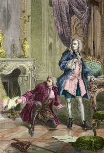 Charles Jean Francois Henault redt het manuscript van La Henriade dat Voltaire in het vuur had gegooid (Gravure)