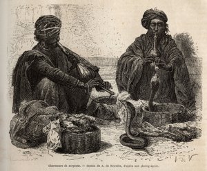Les charmeurs de serpents, die handelen in reptielen, die ze aantrekken door in hun toumril (fluit) te blazen, gravure naar de tekening van A. de Neuville, ter illustratie van de reis naar India van de Rajahs, in 1864-1868, door Louis Rousselet, gepublicee door Alphonse Marie de Neuville