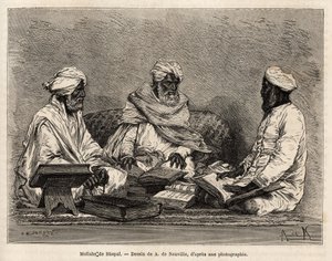 De mullahs van de moskee van Bhopal, in volledige discussie over de betwiste punten van de moslimreligie, gravure naar de tekening van A. de Neuville, ter illustratie van de reis in India van de Rajahs, in 1864-1868, door Louis Rousselet, gepubliceerd in 