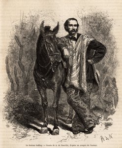 Portret van Dr. Saffray, gewapend op zijn rijdier, in reiskleding, gravure naar de tekening van A. de Neuville, ter illustratie van de reis naar Nieuw-Granada, door Dr. Saffray, 1869, gepubliceerd in 