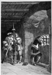 Het ijzeren masker in zijn cel van de gevangenis van het eiland Saint Marguerite - in "Histoire de France" door Guizot, gravure door De Neuville