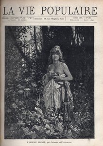 Een naakte jonge vrouw, staand en met los haar, bedekt haar lichaam met een deken, omringd door vegetatie en bomen die een smeedijzeren hek maskeren. Illustratie door Alfons Maria Mucha door Alphonse Mucha