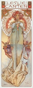 Reclameillustratie door Alphonse Mucha die toneelactrice Leslie Carter voorstelt in haar nieuwe stuk 