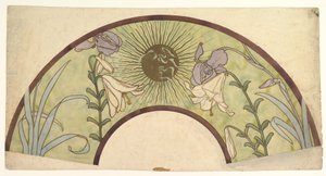 Ontwerp voor een waaier met zonnestralen, lelies en irissen, eind 19e - midden 20e eeuw door Alphonse Mucha