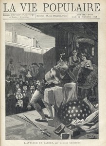 Op het podium van een reizend theater kijkt het publiek naar het nummer van een zwaardenslikker, aan de zijkanten, verborgen door het toneelgordijn, kijken twee artiesten glimlachend toe. Illustratie door Alfons Maria Mucha (Alphonse Marie Mucha door Alphonse Mucha