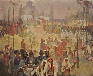 De Kroning van de Servische Tsaar Stefan Dusan als Oost-Romeinse Keizer De cyclus Het Slavische Epos door Alphonse Mucha