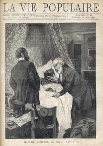 Twee mannen buigen zich over een bed om de dood van een man te zien. Bij de deur kijken andere mannen naar de scène. Illustratie door Alfons Maria Mucha (Alphonse Marie Mucha)
