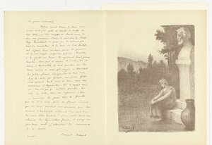 Illustratie met vrouw zittend bij buste van man en waterkruik bij gedicht La jarre couronnée van Marcel Schwob door Alphonse Osbert