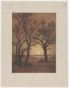 Landschap met schapen bij zonsondergang door Alphonse Stengelin (signed by artist)