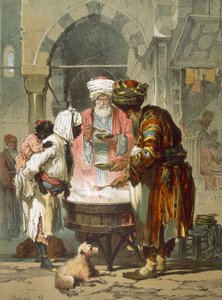 Vrouw bij een straatfontein Sebil, gepubliceerd 1865 door Amadeo Preziosi