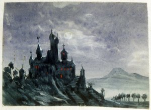 Gezicht op een fantastisch kasteel bij maanlicht