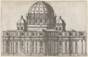 Lengtedoorsnede van Sint-Pieter, Rome door Ambrogio Brambilla, after Michelangelo