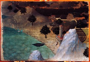 Kasteel bij het meer, door Ambrogio Lorenzetti, schilderij op hout door Ambrogio Lorenzetti