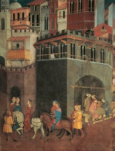 Effecten van Goed Bestuur in de stad, Processie van Adel op straten van de stad, detail uit Allegorie en Effecten van Goed en Slecht Bestuur op Stad en Land