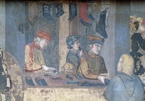 Effecten van goed bestuur in de stad, detail van een koopman en ambachtslieden in de schoenmakerij