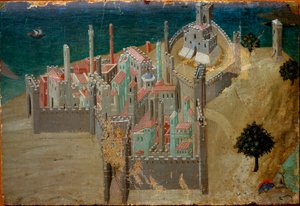 Uitzicht op een versterkte stad bij de zee (detail)