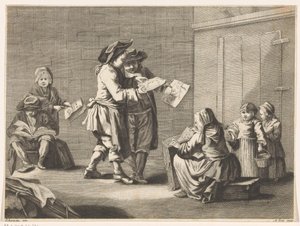 Vijf mannen en vrouwen die prenten bekijken door Ambrogio Orio