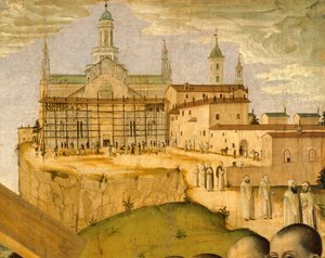 Bouw van de Certosa di Pavia, door Ambrogio da Fossano bekend als Bergognone (1453-1523 ca.), Italië 15e eeuw, detail