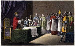 Vergadering van Worms: Lodewijk I de Vrome (778-840), koning van Frankrijk, afgezet door zijn drie zonen (Lotharius, Pepijn en Lodewijk) omdat hij zijn koninkrijk opnieuw wilde verdelen ten gunste van zijn vierde zoon (Karel, een figuur in blauw naast de k