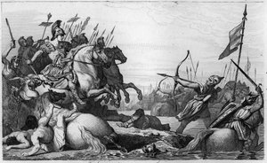 Clodion, de Harige (ca. 428-47) trekt zich terug over de brug na zijn nederlaag door Aetius - Clodion genaamd 