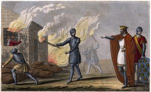 Clotaire (Clothaire) I (497 - 561) verbrandt zijn zoon Chramne in een huisje, opstand tegen hem - Regering van Clotaire. Clotaire verbrandde in een huisje zijn zoon Chramne die tegen hem in opstand kwam - Getekend en gegraveerd door Ambroise Tardieu in 182 door Ambroise Tardieu