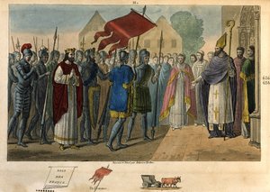 Dagobert 603 tot 639 haalt de banier neer bij St Denis - Dagobert I (? - 639), Koning der Franken, Dynastie van de Merovingen. Hij stichtte de abdij van Saint Denis waar hij de oriflamme deponeerde. Tekening en gravure door Ambroise Tardieu in 1825 door Ambroise Tardieu
