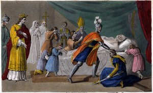 Dood van Pepijn van Herstal (635-714) omringd door zijn familie - Dood van Pepijn van Herstal (grootvader van Pepijn de Korte), omringd door zijn familie en in aanwezigheid van Dagobert III (714) - Getekend en gegraveerd door Ambroise Tardieu in 1825 door Ambroise Tardieu