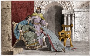 Emme kust de knie van haar echtgenoot Raoul (d936) als erkenning van zijn soevereiniteit - Emma van Frankrijk (894-934) kust de knieën van haar echtgenoot Raoul (ca. 890-936) die zij als koning koos tijdens de gevangenschap van Karel III de Eenvoudige - Gr door Ambroise Tardieu