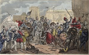 Intocht van Hendrik IV in Parijs: Hendrik IV (1553 - 1610). De bekering van de koning tot het katholicisme bracht de laatste slag toe aan de Liga, opende de poorten van Parijs en het hart van zijn onderdanen, in 1594. - Tekening en gravure door Ambroise Ta door Ambroise Tardieu