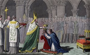 Lodewijk III (863-82) en Carloman (865-84) samen gekroond - Lodewijk III (v.863 - 882) en Carloman (? - 884) zijn heilig en gekroond op dezelfde dag (in 879) in de Abdij van Ferrières in Gâtinais - Ontworpen en gegraveerd door Ambroise Tardieu in 1825 door Ambroise Tardieu