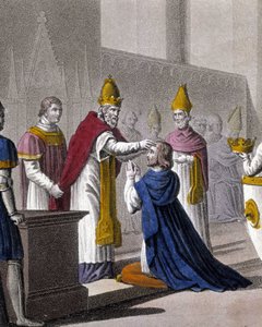 Louis II werd voor de tweede keer gewijd op het Concilie van Troyes door Johannes VIII in 879 (detail). Ontworpen en gegraveerd door Ambroise Tardieu in 1825.