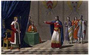 Lodewijk V de Luie, uitgeroepen tot koning van Frankrijk door de bescherming van Hugues Capet, toekomstige koning van Frankrijk, in 986. Getekend en gegraveerd door Ambroise Tardieu in 1825.
