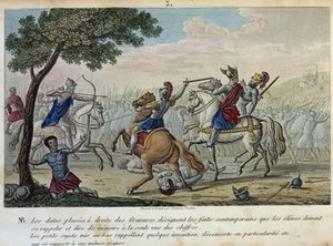 Merovee (447-458) daagt Attila uit op de Catalaunische Velden nabij Troyes met Aetius en Theodorik I. Hij is de veronderstelde Koning van de Franken-Saliërs en gaf zijn naam aan de Merovingische dynastie. - Getekend en gegraveerd door Ambroise Tardieu in 1 door Ambroise Tardieu