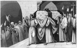 Filips III de Stoute helpt de kist van zijn vader dragen in de Basiliek van Saint Denis in 1271 - Filips III de Stoute transporteert de relieken van zijn vader Lodewijk IX naar de basiliek van Saint Denis, necropolis van koningen in 1271 - Gravure