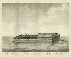 Schets van een Platte Bodemboot, zoals gebruikt om de Ohio en de Mississippi af te dalen, gepubliceerd in 1826