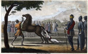 De dood van koningin Brunhilda van Austrasië, een Visigotische prinses, getrouwd met koning Sigebert I van Austrasië - Dood van Brunehaut bevolen door Clotaire II (613). Getekend en gegraveerd door Ambroise Tardieu in 1825.
