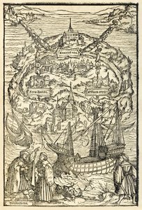 Kaart van het nieuwe eiland Utopia uit een editie van Utopia door Sir Thomas More (1478-1535), voor het eerst gepubliceerd in 1516. Houtsnede door Ambrosius Holbein (ca. 1494-ca. 1519)