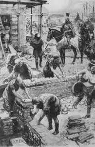 Een Romeinse generaal die de bouw van een gouverneurshuis bij de Darent leidt, waar de fundamenten nog steeds bestaan (litho)