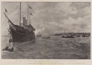 Een Geheime Raad op Zee, Raadsleden arriveren naast het Jacht van Zijne Majesteit Victoria en Albert in Cowes op 26 juli door Amedee Forestier