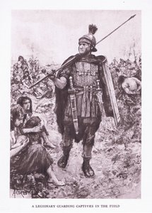 Een legioensoldaat bewaakt gevangenen in een veld, illustratie uit De Romeinse Soldaat, 1928